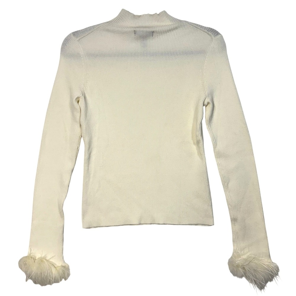 Aqua L Organic Cream Ribbed Mock Neck Feather Cuff Sweater Glam Statement NWT - Picture 4 of 9